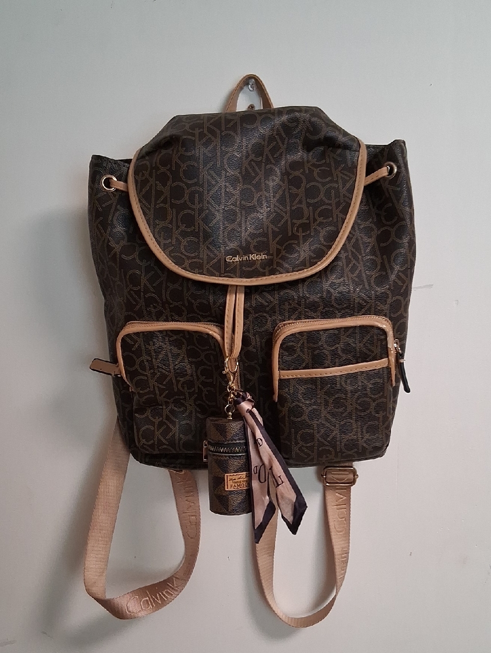 Calvin Klein Brown Monogram Backpack with Tan Trim